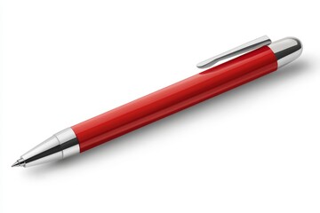 Poster - Bright red pen resting on a smooth surface, showcasing its sleek design and chrome accents in a well-lit workspace