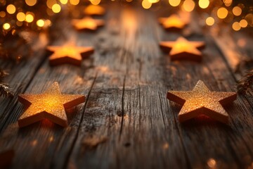 Poster - Decorative golden stars on wooden surface adorned with warm lights for festive celebration