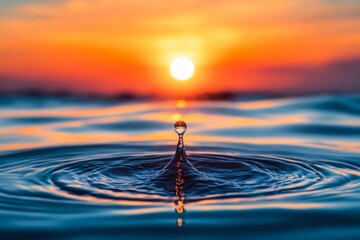 Aufkleber - Water droplet creates ripples as the sun sets over a calm ocean with vibrant colors illuminating the sky