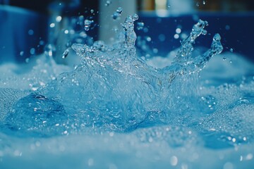 Aufkleber - Water droplets create dynamic splashes in bright blue liquid during a lively summer afternoon
