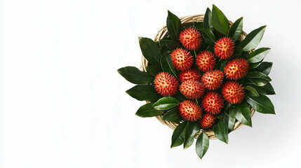 Poster - Fresh rambutan fruits in a basket with green leaves - perfect for tropical decor and design
