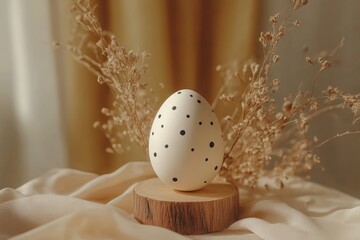 Poster - Unique spotted egg displayed on wooden stand with dry flowers in natural light setting