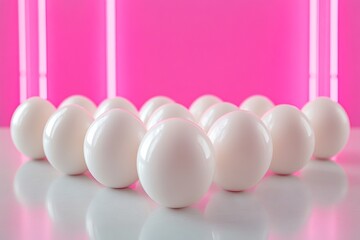 Aufkleber - Spheres arranged in a pattern against a vibrant pink backdrop create a striking visual composition featuring white objects
