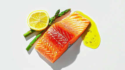 Aufkleber - Fresh salmon steak with asparagus, lemon, and olive oil on white background
