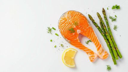 Aufkleber - Fresh salmon steak with asparagus and lemon on white background for culinary design