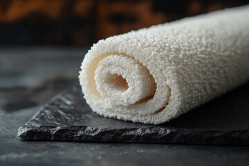 Aufkleber - White textured roll placed elegantly on a dark slate surface with a blurred background for a minimalist aesthetic