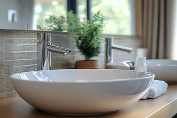 Aufkleber - Modern bathroom sink with stylish design and natural accents in a bright, airy space