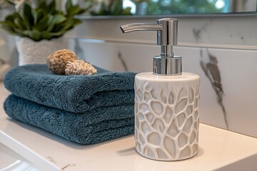 Poster - Elegant bathroom setup featuring decorative soap dispenser and plush towels in modern decor style