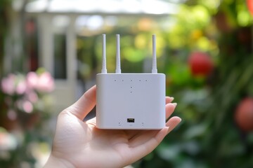 Poster - Wireless router design showcased in a hand against a lush garden background during daylight hours