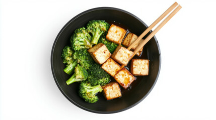 Poster - Delicious tofu and broccoli stir fry in bowl with chopsticks