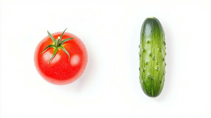 Poster - Fresh tomato and cucumber on white background for healthy eating and kitchen decor
