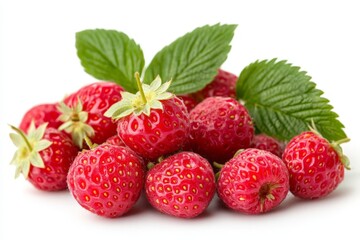 Poster - Fresh strawberries arranged with green leaves on a clean background ready for consumption or dessert decoration