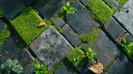 Poster - Aerial view of moss covered brick floor with leaves in autumn