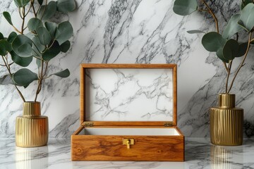 Poster - Beautiful wooden box displayed with elegant vases on a marble surface