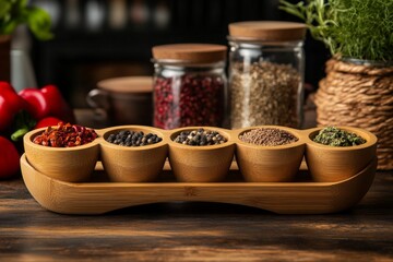 Aufkleber - Colorful spice collection displayed in natural wooden holder on rustic table in a cozy kitchen setting