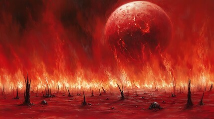 Aufkleber - Mysterious Blood-Red Planet Rising Over Volcanic Landscape