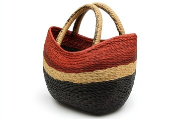 Poster - Handwoven straw basket with colorful striped design in vibrant shades of red, beige, and black available for home decor