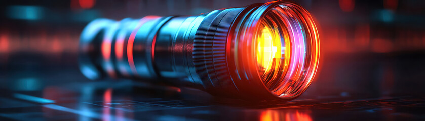 Poster - vibrant telephoto lens with optical prisms reflecting light, showcasing intricate details and futuristic design. lens emits warm glow