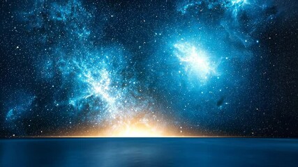 Wall Mural - Celestial Ocean: A cosmic sunrise over a tranquil sea mirroring the vast expanse of stars and nebulae, creating a breathtaking scene of serenity and wonder.