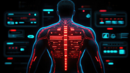 Poster - Futuristic human figure with glowing circuitry on back, surrounded by digital interface elements, showcasing advanced technology and innovation