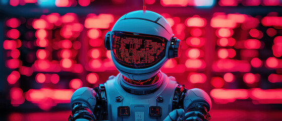 Poster - Futuristic robot with glowing visor stands against vibrant neon background, showcasing advanced technology and innovation