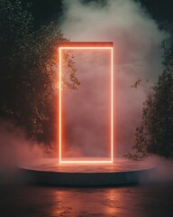 Aufkleber - Immersive Liminal Portal Neo-Futuristic Digital Transition Experience with Glowing Neon Rectangular Gateway in Misty Atmospheric Landscape