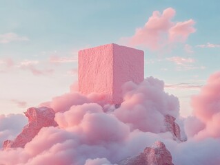 Poster - Ethereal Digital Dreamscape Soft Pink Cubic Form Emerging from Pastel Cloud Landscapes - Surreal Exploring Minimalist Aesthetic and Emotional Visual Metaphors