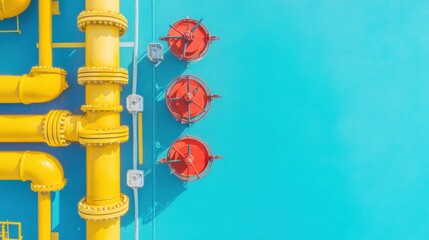Aufkleber - Minimalist Industrial Design Vibrant Yellow Pipelines and Red Safety Valves - Next-Gen Infrastructure Visualization for Smart Urban Engineering Solutions