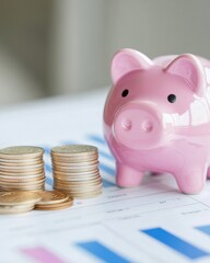 Poster - Millennial Money Mastery Pastel Pink Piggy Bank and Golden Coins Showcasing Gen Z Financial Empowerment and Minimalist Wealth Strategy