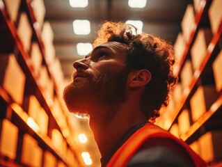 Fototapete - Warehouse Resilience Dynamic Millennial Worker in High-Visibility Safety Vest Embodying Modern Logistics Innovation and Industrial Workplace Empowerment