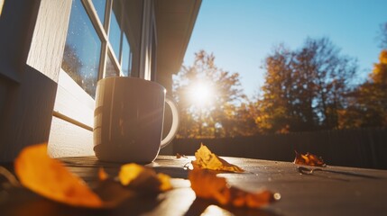 Poster - Mindful Morning Ritual Minimalist Home Office Sunrise Aesthetic - Serene Remote Work Inspiration and Autumnal Productivity Landscape