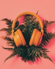 Leinwandbilder - Retro-Modern Audio Immersion Vibrant Mustard Wireless Headphones with Botanical Aesthetic - Gen Z Digital Lifestyle and Creative Expression