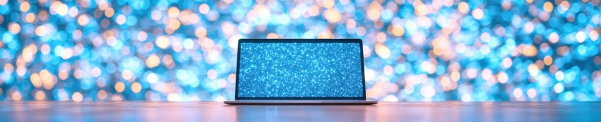 Fototapete - Dynamic Digital Horizons Ultra-Modern Laptop Visualizing Infinite Data Flow in Vibrant Tech-Immersive Workspace with Luminescent Bokeh Backdrop