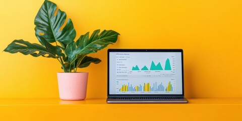 Aufkleber - Minimalist FinTech Innovation Vibrant Digital Analytics Dashboard with Monstera Plant - Next-Gen Entrepreneurial Workspace Highlighting Data Visualization and Creative Productivity