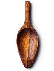 Poster - Rustic Wooden Spoon on White Background Top-Down View Showcasing Wood Grain and Warm Tones for Culinary and Kitchenware Themes