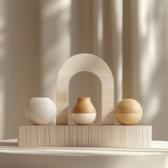 Poster - Elegant Still Life of Spherical Vases and Stone Arch on Wooden Platform with Soft Light and Shadow Play