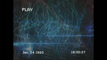 Poster - animation of vhs-style overlay with blue light trails on dark background