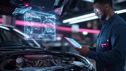 A mechanic using augmented reality to diagnose car engine issues, with a digital display floating above the engine. Ideal for content about automotive technology, innovation, and modern repair techniq