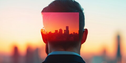 Aufkleber - Urban Mindscape Futuristic Digital Visualization of Professional Identity Merging Technology and Personal Vision in Sunset-Inspired Entrepreneurial Landscape