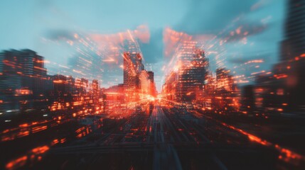 Fototapete - Cyberpunk Urban Dystopia Neon-Infused Metropolis Explosion with Hyper-Realistic Digital Blur - Futuristic Tech Visualization for Immersive Media and Creative Digital Storytelling