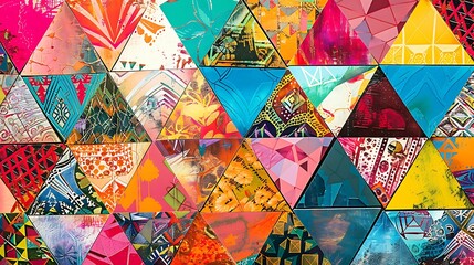 Poster - A vibrant background with an array of colorful triangles, each filled with different patterns and textures, creating a lively mosaic