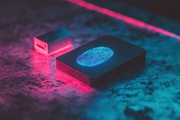 Fototapete - Next-Gen Cybersecurity Visualization High-Performance Biometric Authentication Device with Luminescent Fingerprint Interface - Cutting-Edge Digital Protection Technology