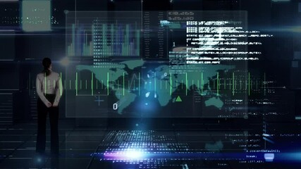 Poster - Analyzing digital graphs and world map, businesswoman focusing on global data animation