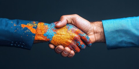 Fototapete - Immersive Digital Transformation AI-Powered Global Collaboration Visualizing Innovative Cross-Continental Partnership Through Pixelated Network Handshake