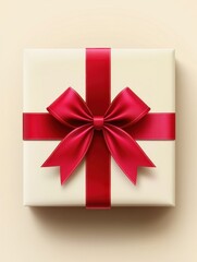 Poster - Elegant gift box with red ribbon and bow on beige background top view festive celebration present