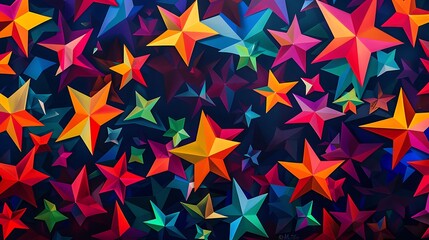 Poster - A vibrant geometric pattern of tessellating stars in bright neon colors against a dark backdrop, creating a striking contrast
