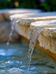 Poster - Cascading water over stone ledge creating tranquil fountain scene with bokeh background and natural light