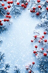 Poster - Snowy Winter Berries Frame with Falling Snowflakes Festive Holiday Season Background for Christmas and New Year Celebration