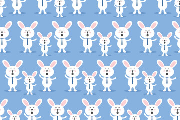 seamless pattern of cute white cartoon rabbits on blue background. ideal for kids' products, wallpap