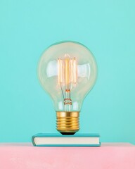 Fototapete - Innovative Learning Solutions Vintage Edison Bulb on Minimalist Book Stack - Digital Education and Creative Knowledge Illumination for Tech-Driven Learners
